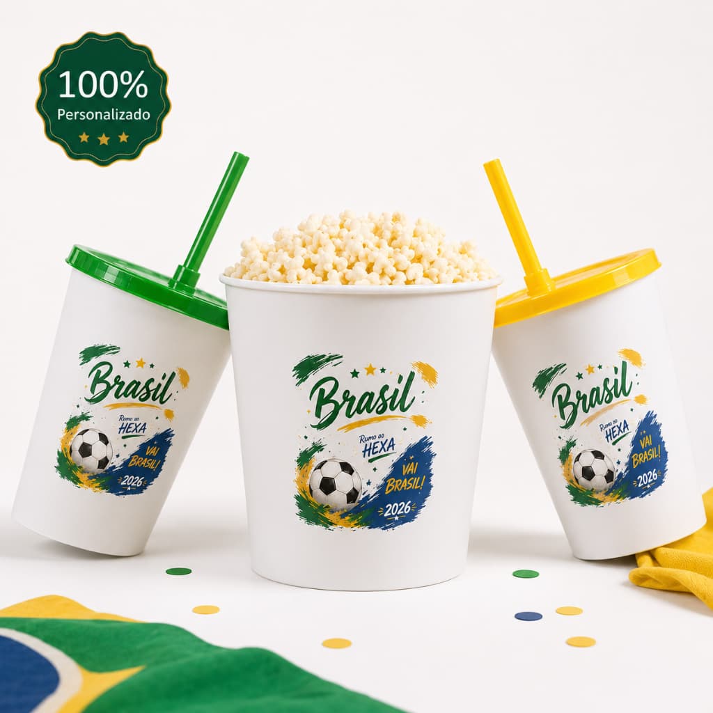 Kit Pipoca 1 Balde + 2 Copos com Tampa e Canudo -  Rumo ao Hexa Copa 2026 Brasil
