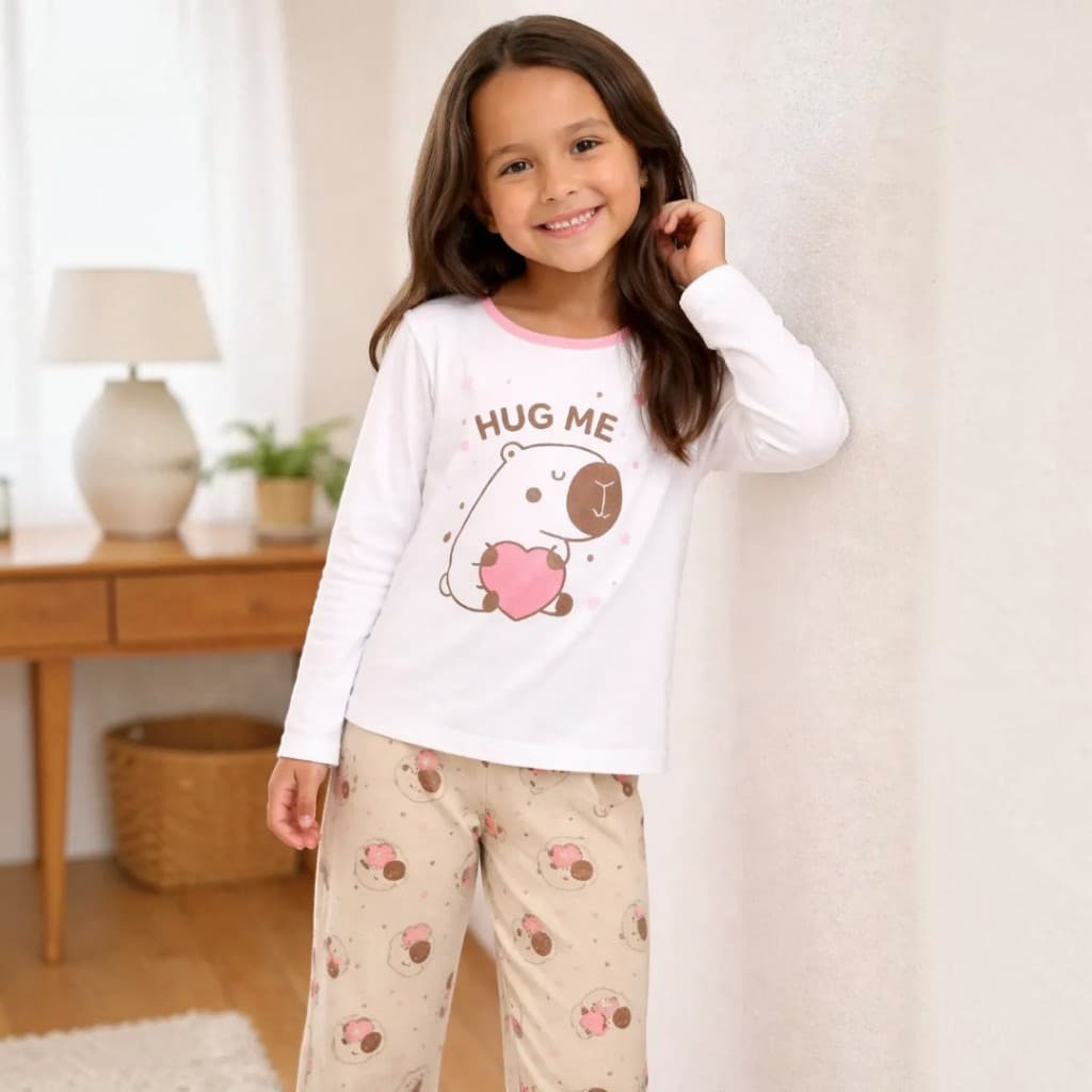 Pijama Infantil Menina Longo de Capivara Conjunto de Dormir Comprido Estampado Premium