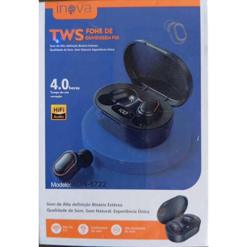 Fone Bluetooth TWS Inova FON-6722 Sem Fio 5.3 | Som HiFi Estéreo, Display LED e Estojo Carregador
