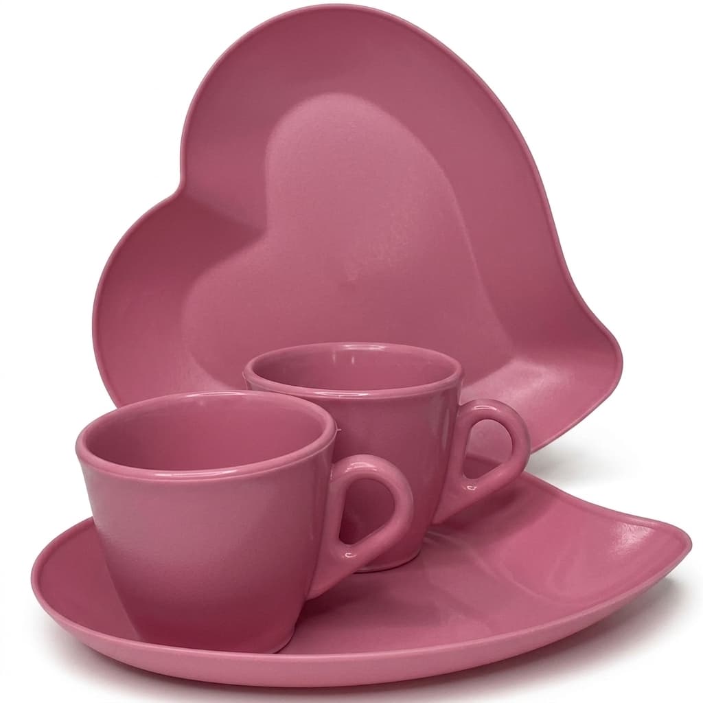 Kit Pratinhos Coração Sobremesa Plástico + Xícaras para Café Tradicional Acrílico 50ml
