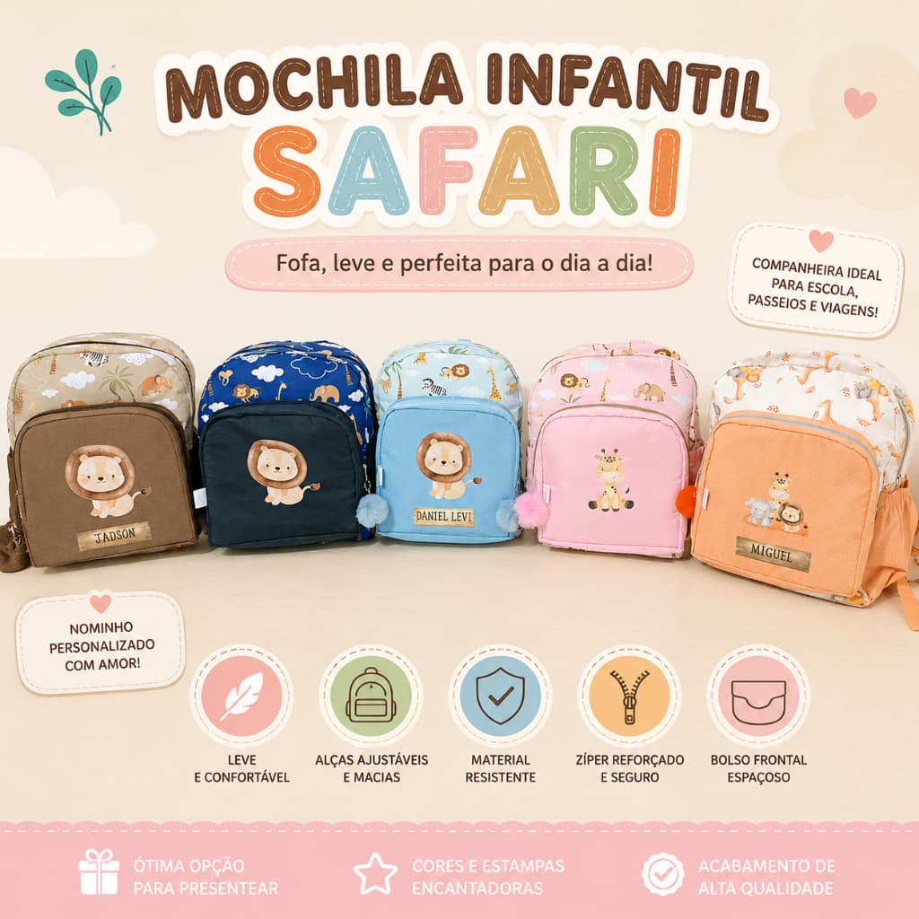Mochila Infantil Safari Escolar Passeio Personalizada