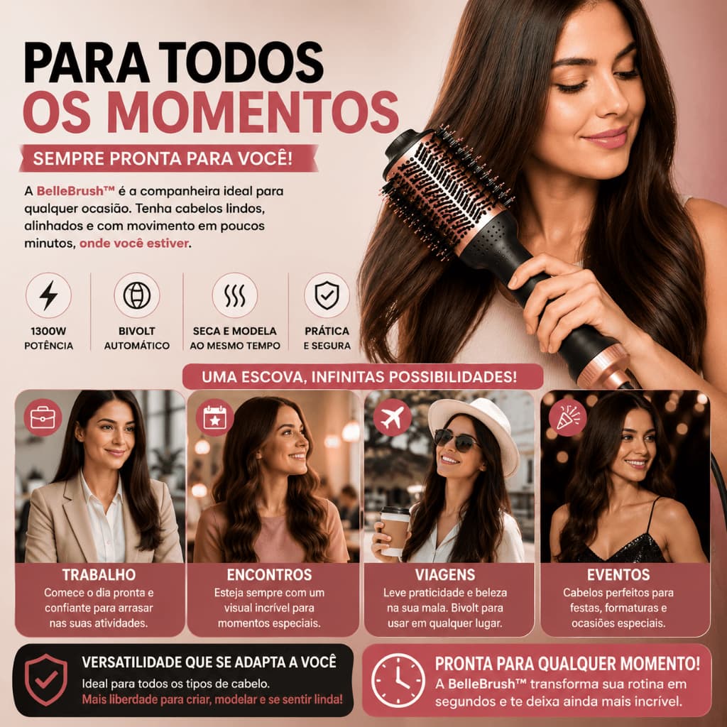 Escova Secadora Profissional Bivolt 1300W Alisadora Modeladora Anti Frizz Cabelos