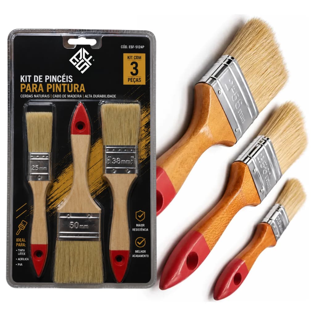 3 Peças Trincha Pincel Para Pintura Parede Tinta Verniz Pva Bege