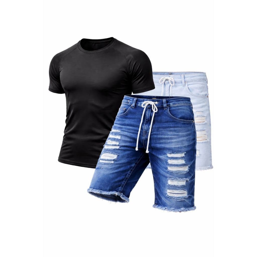 kit Camisa Dry Fit com Proteção Uv anti odor + Bermuda Jeans Preta Rasgada Masculina