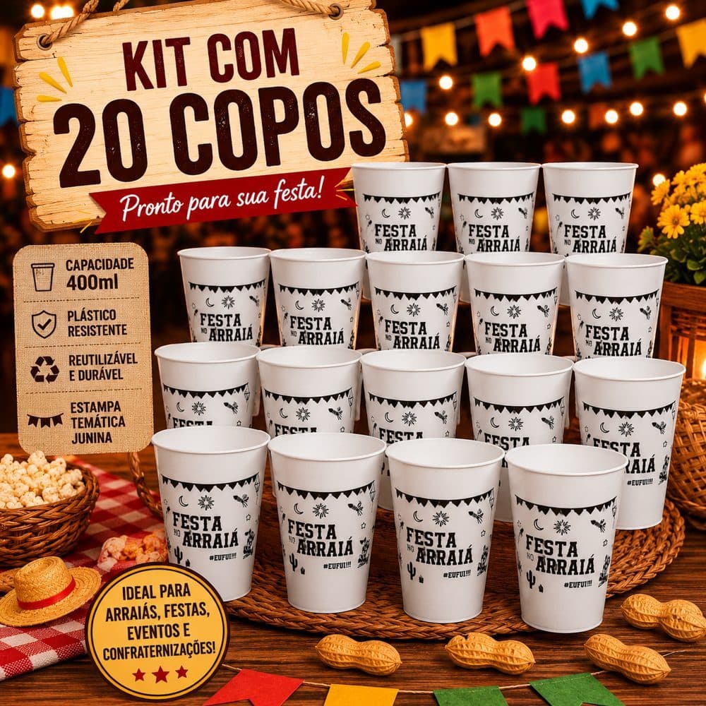 Kit 20 Copos Festa Junina 400ml Arraiá Copo Temático Reutilizável Festa São João