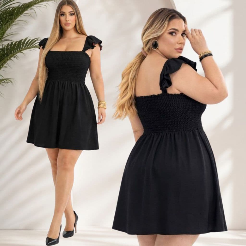 Vestido Plus Size Curto Alça com Babado Confortável Casual Elegante Decote Reto Moderno Veste do 48 AO 54.