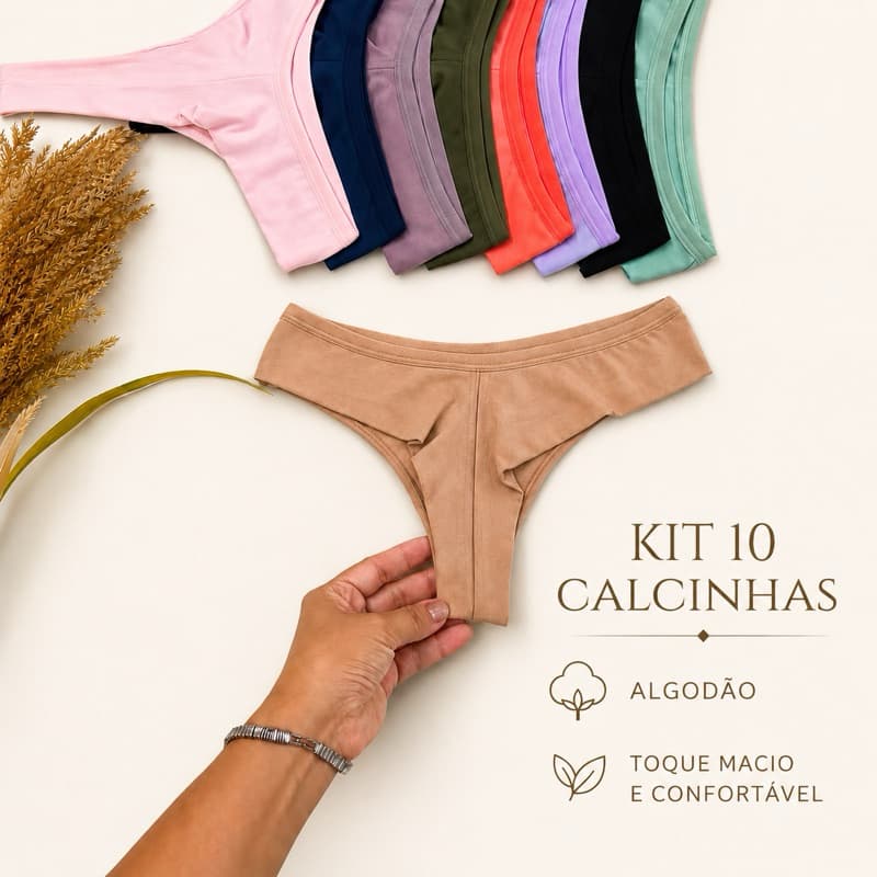 Kit 10 Calcinha Fio Duplo em Algodão Cotton Confortável Não Marca