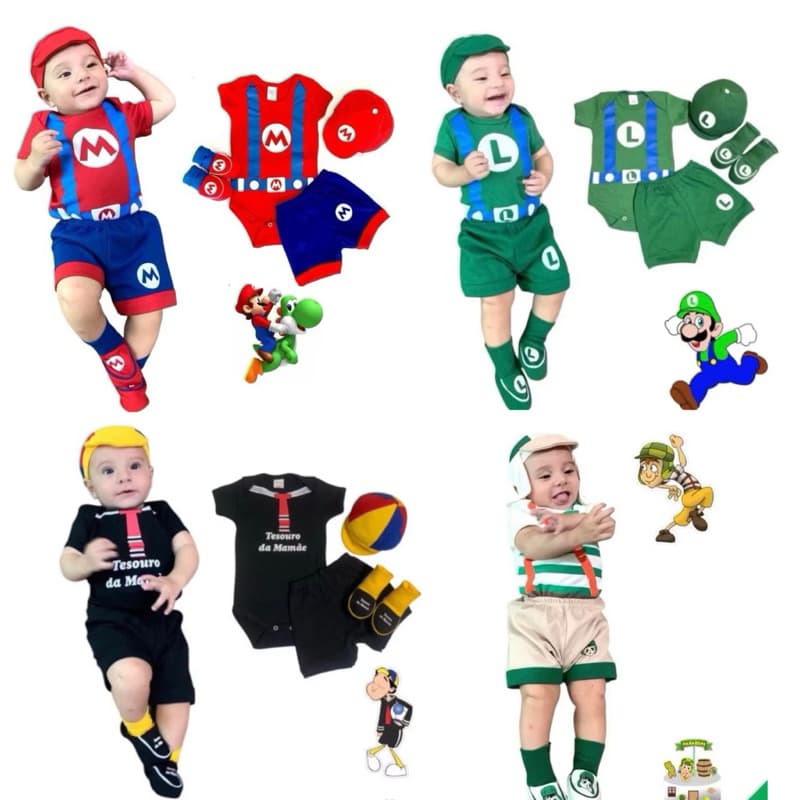kit 4 peças bebê personagens, Body infantil, temáticos e mêsversário, rescém nascido