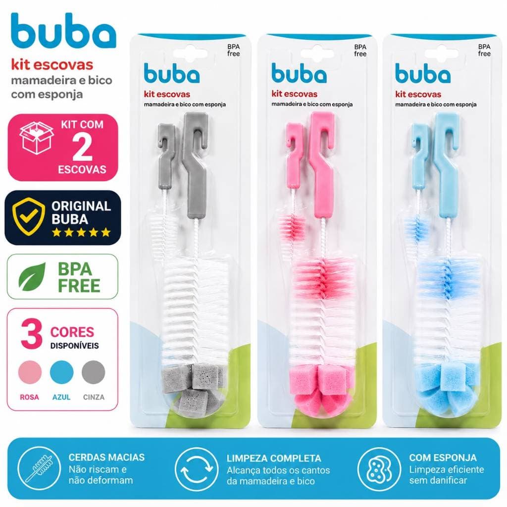 Kit Escova Mamadeira E Bico Buba Original Com Esponja Bpa Free