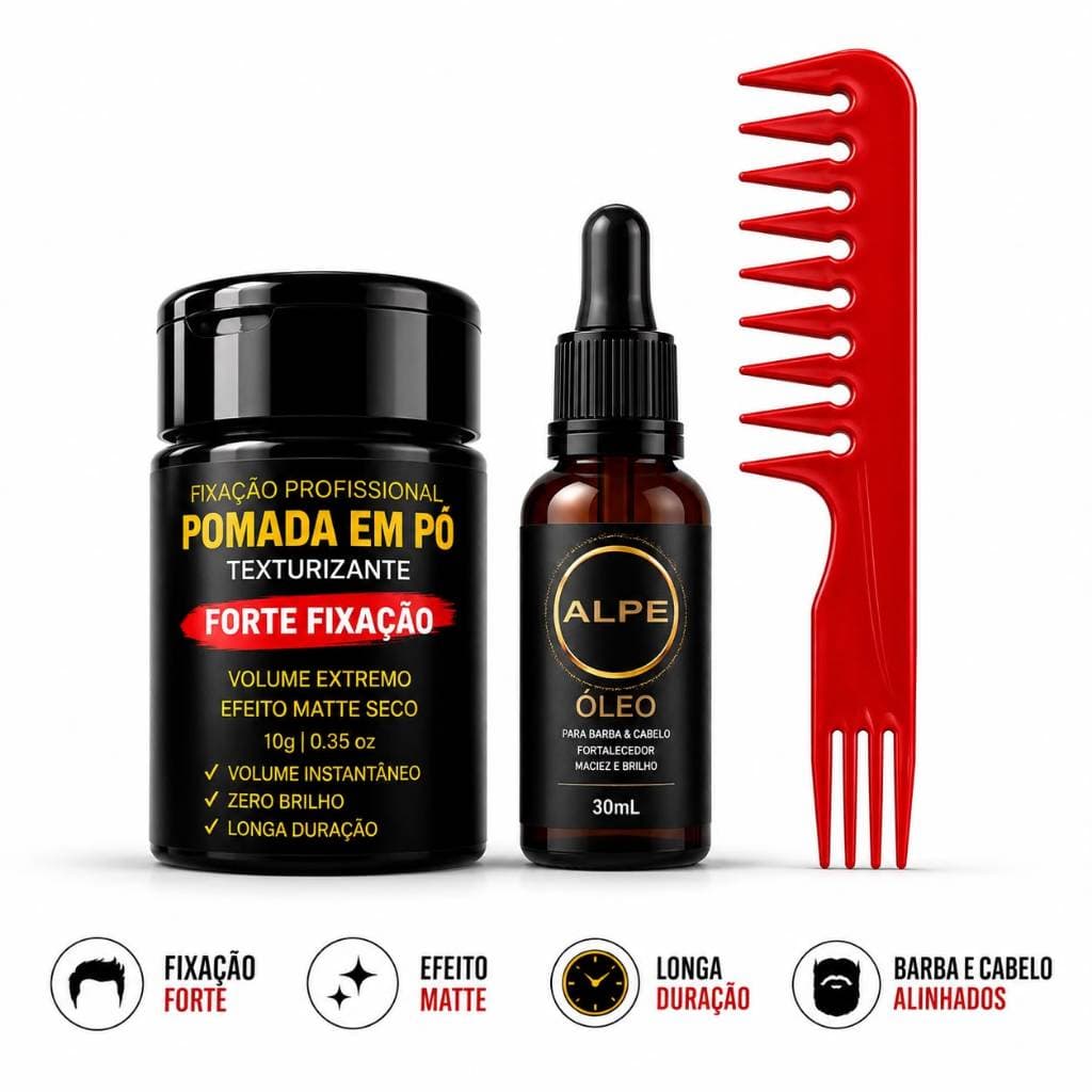 Kit  Pomada em Pó efeito seco Matte Texturizante + Óleo Barba + Pente