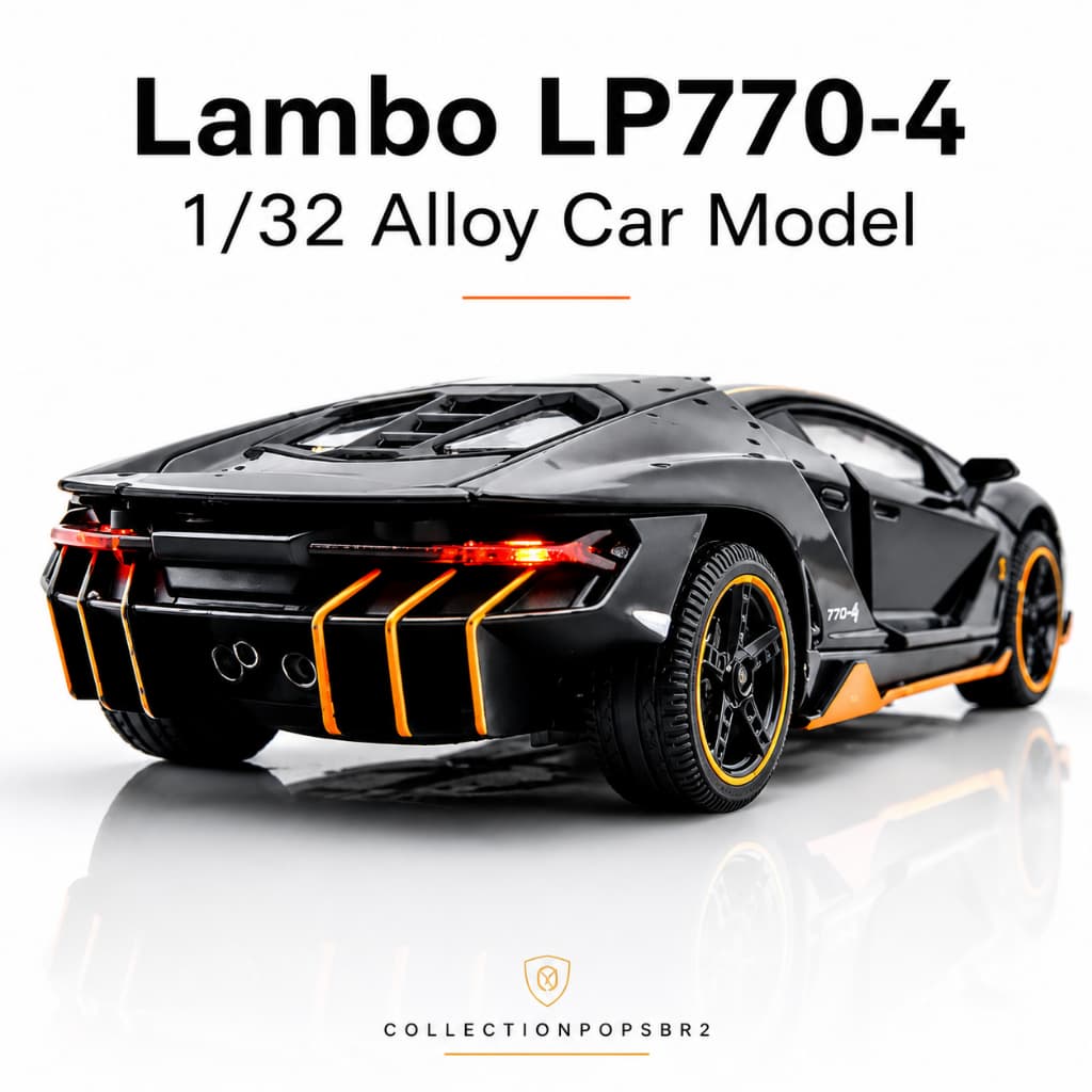 Miniatura Lamborghini LP770 1:32 Diecast Preta | Liga Metálica, Portas Abrem, Som e Luz Fricção 15cm