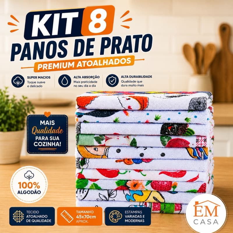 Kit 8 Panos de Prato Felpudos 100% Algodão Alta Absorção Estampados Premium 45x70cm