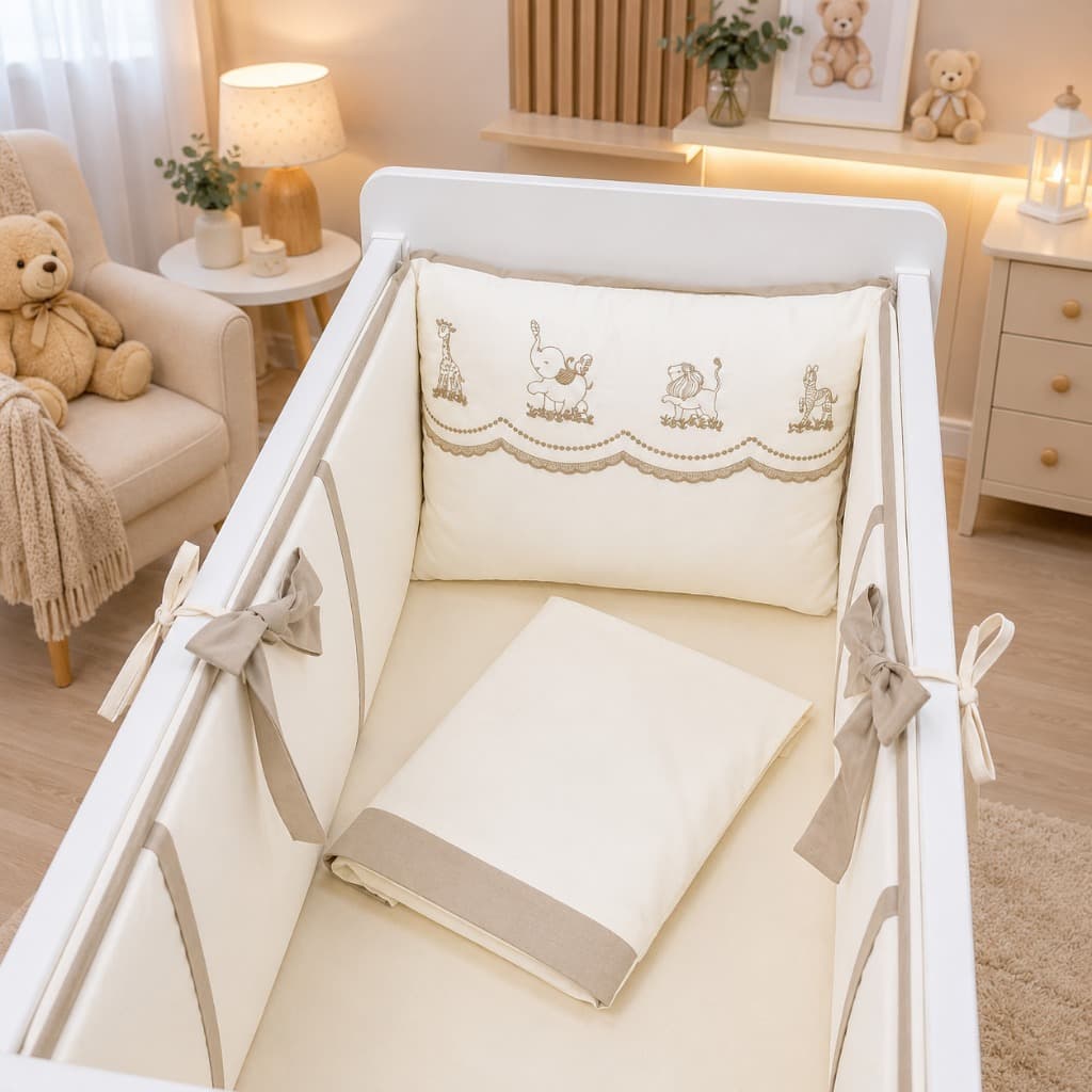 kit mini berço menino protetor luxo safari bege savana Animais bordado 100% algodão