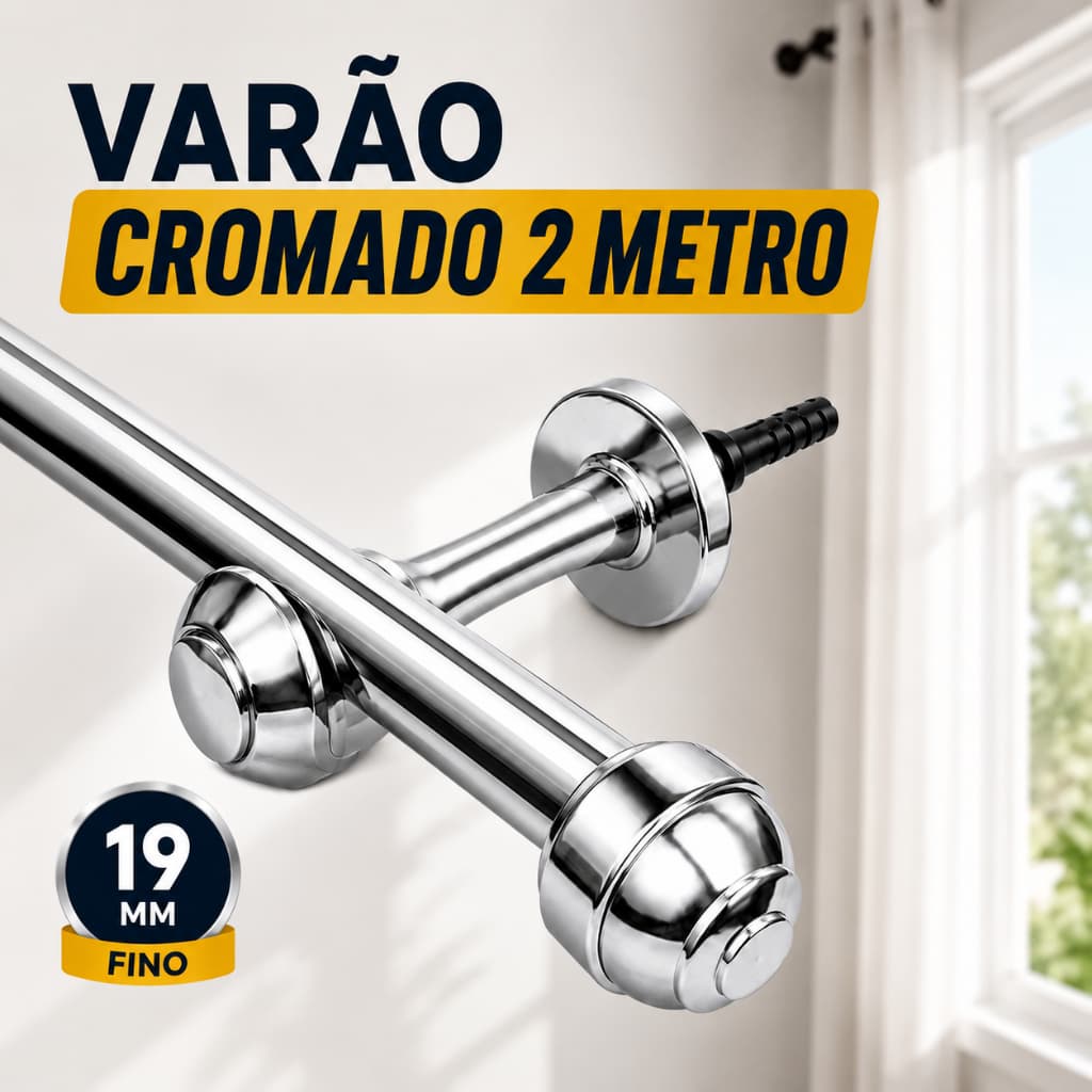 Varão Cromado 2m 19mm Fino Kit Completo Em Metal Para Cortina Sala Quarto E Casa