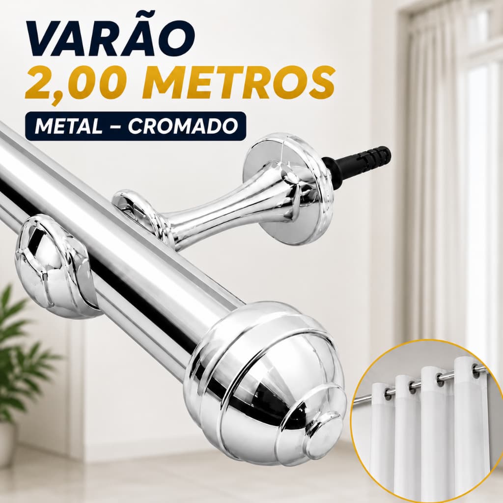 Varão De Cortina 2,00 Metro 28mm (Grosso) Cromado de Emenda Para casa/quarto/sala/cozinha