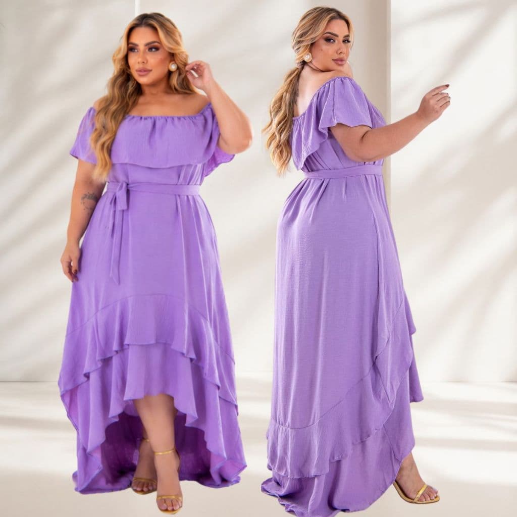 Vestido Ciganinha Feminino Plus Size Mullet Ombro a Ombro com Amarração Na Cintura Moda Maior 50 AO 54 Confortável.