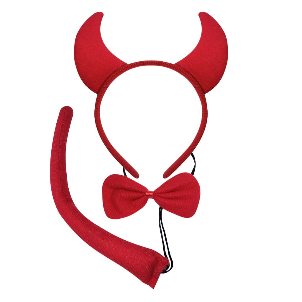 Kit com Tiara, Gravata, Rabo cor Vermelha Fantasia Diabinha - Halloween Infantil - Adulto