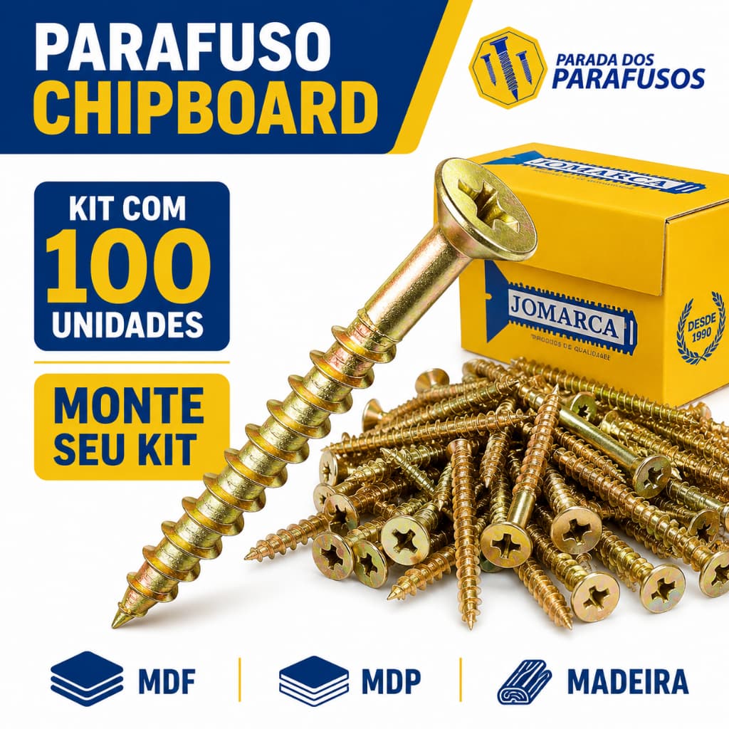 Parafuso Chipboard para MDF e Madeira Kit com 100 Unidades Diversas Medidas Phillips