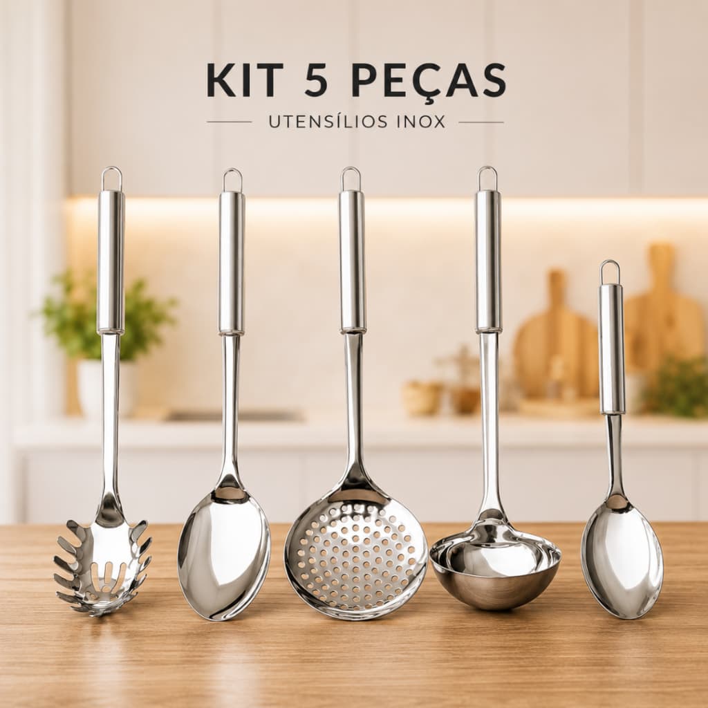 Kit 3/4/5 ou 6Utensílios Para Cozinha Peças Aço Inox Colher De Arroz Escumadeira Concha