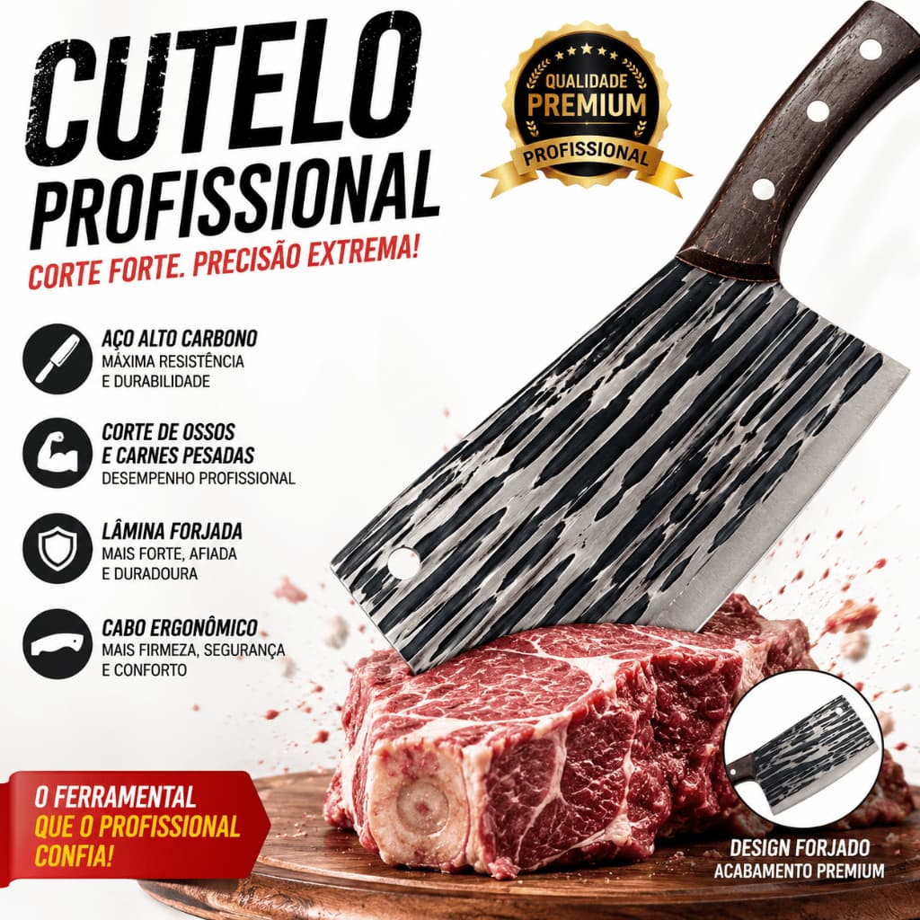 Cutelo de Carne Alto Carbono Faca Osso Pesado Corte Premium Profissional Açougueiro