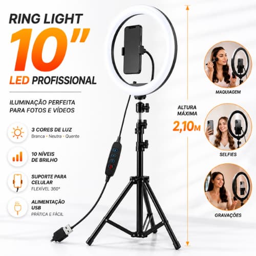 Ring Light 10 Pol LED Profissional Tripé 2,10m Suporte Celular USB Iluminação Fotos Vídeos Lives Maquiagem Selfie Studio