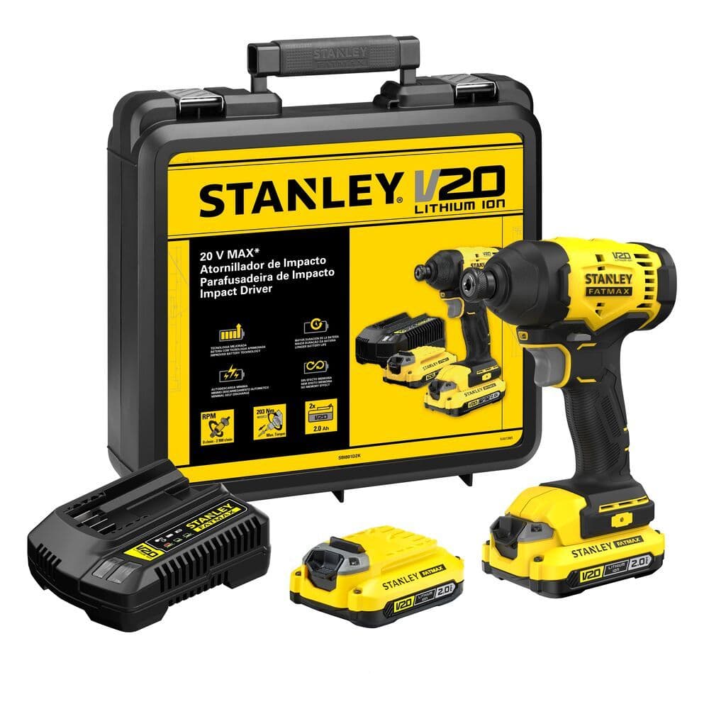 Parafusadeira de Impacto STANLEY SBI801D2K 6,35mm 20V Com 2 Baterias, Carregador e Maleta 110V