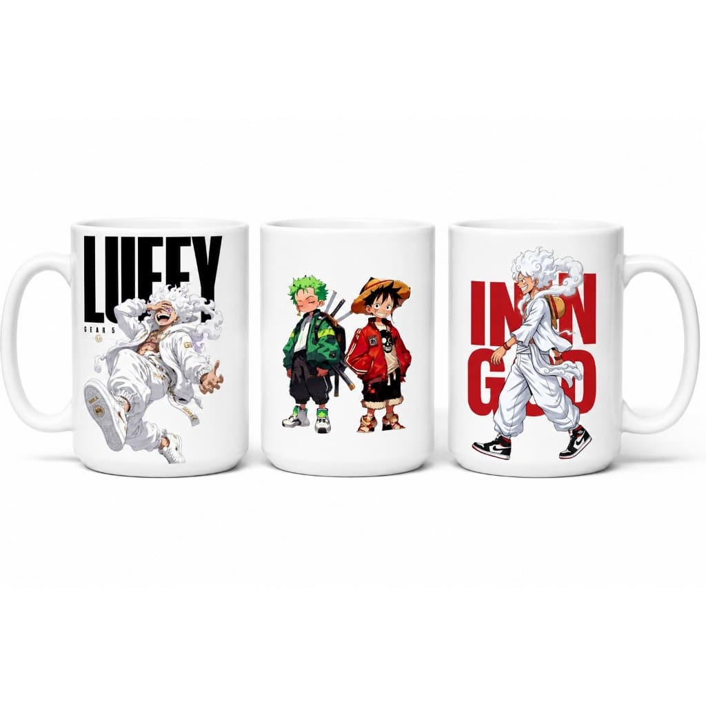 Caneca Luffy Gear 5 e Zoro Anime Pirata 325ml Branca Personalizada