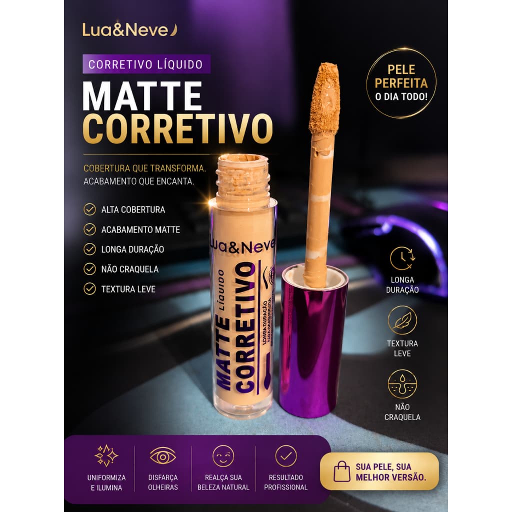 Corretivo Líquido Matte Lua & Neve – Alta Cobertura | Longa Duração | Efeito Natural