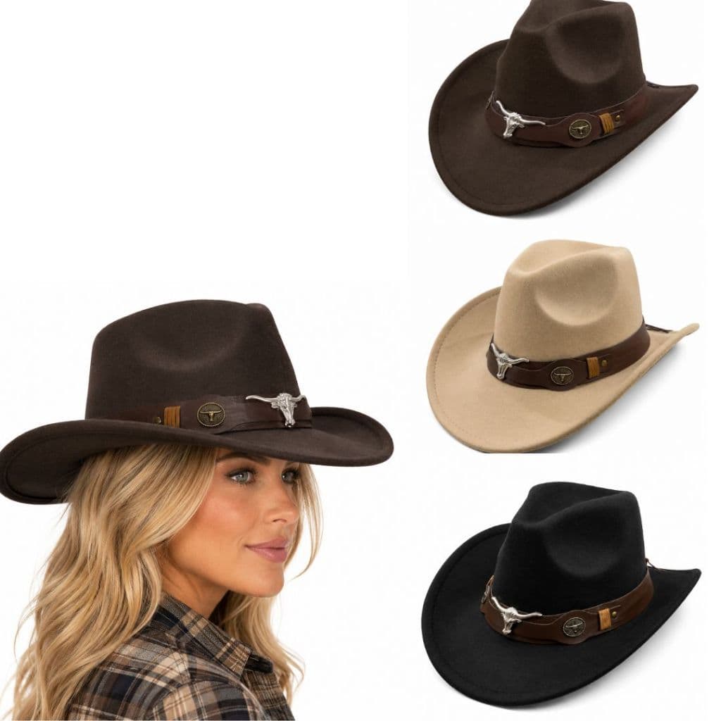Chapéu Country Feminino Feltro Aveludado Western Cowboy Faixa Couro Unissex