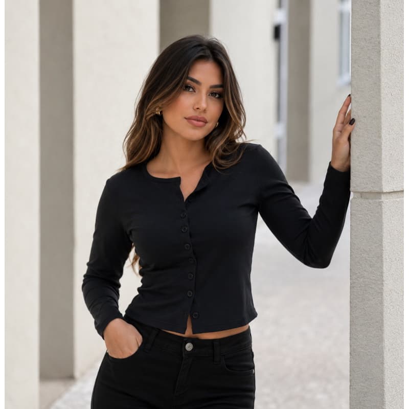 Blusa Feminina Manga Longa Canelada c/ Botões Algodão Canelado