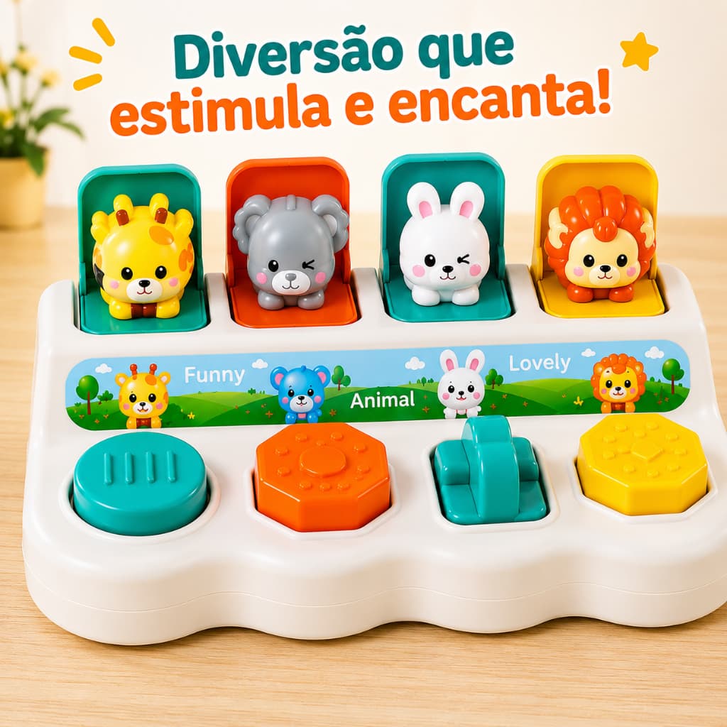 Brinquedo Bebês e Crianças Educativo Pop-Up Animalzinho - Painel Interativo Sensorial Coordenação