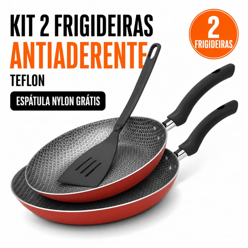 Kit 2 Frigideiras Antiaderente Teflon + Espátula Nylon Grátis Não Gruda Sem Óleo Cor Vermelho