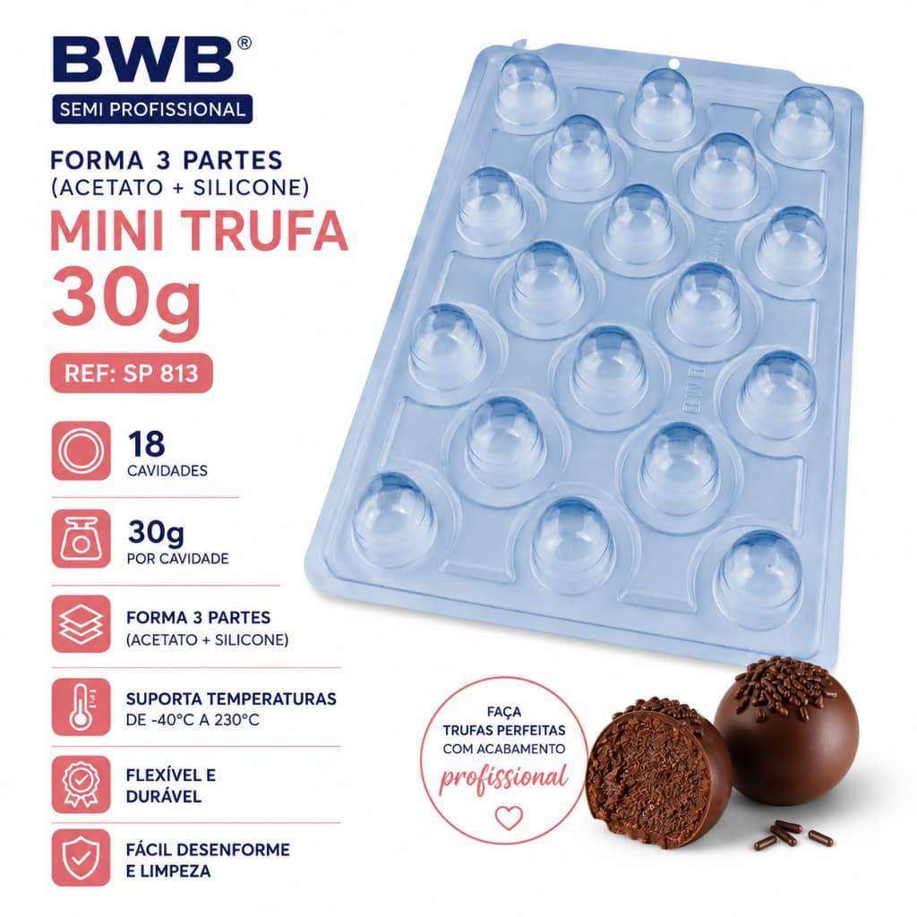 Forma Molde Bwb Mini Trufa 30g (cod Sp 813) 18 Cavidades Acetato e Silicone Semi Profissional