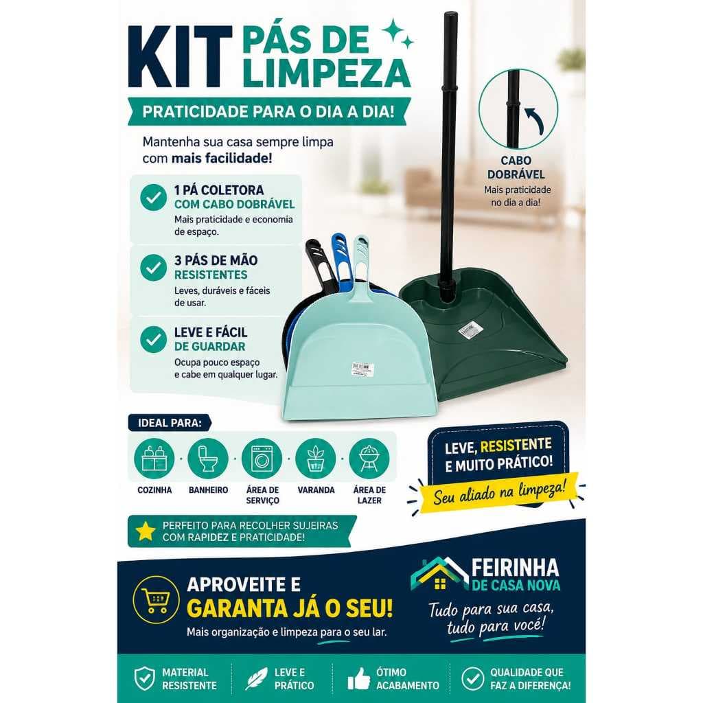 Kit Pá de Lixo com Cabo Dobrável Multiuso + 3 Pá de mão
