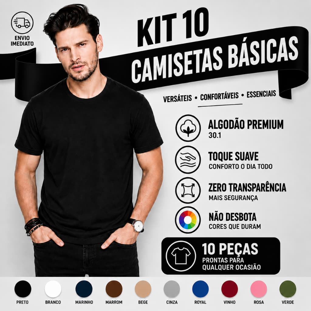 Kit 10 Camisetas Masculina Algodão Pretas Casual Básicas Confortável Gola Redonda 30.1 Tribo
