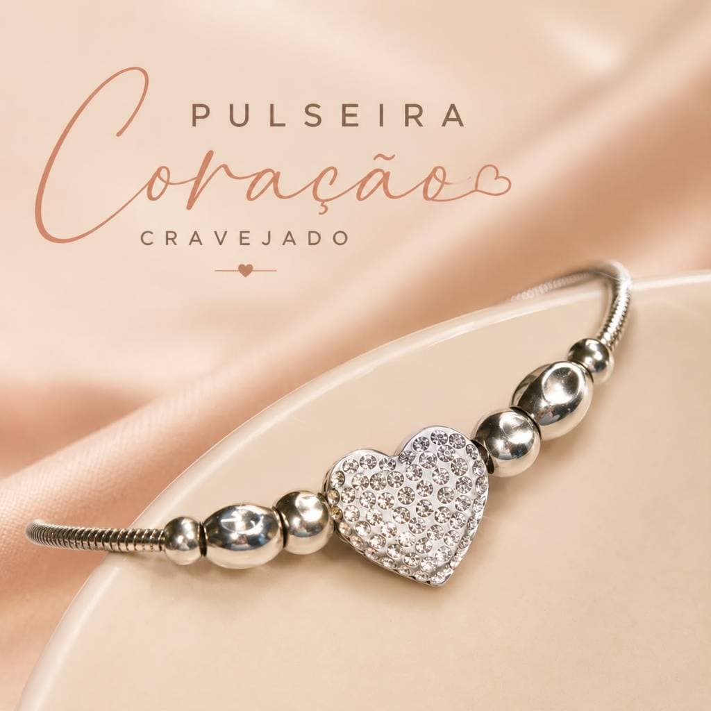 Pulseira Feminina Coração Cravejado em Aço Inoxidável Delicada Ajustável Presente