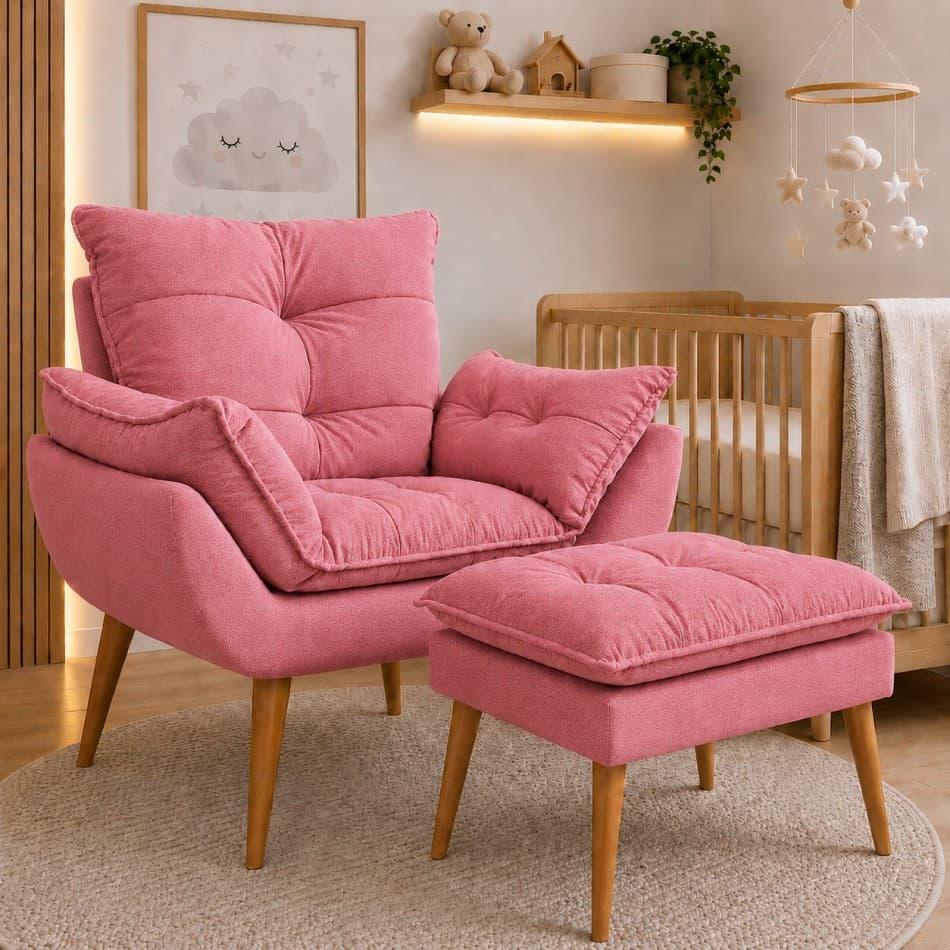kit Poltrona Amamentação Quarto de Bebê Completo Tecido Suede Casa Decoração Pés Palito