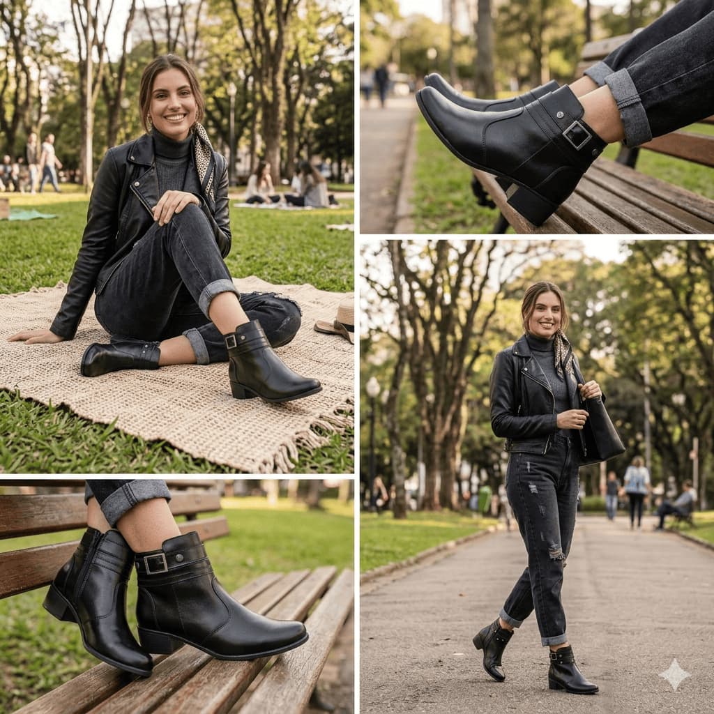 Bota Feminina Bertelli Cano Curto ZÍper Salto Baixo Preta Couro Ecológico Macia Confortável PROMOÇÃO