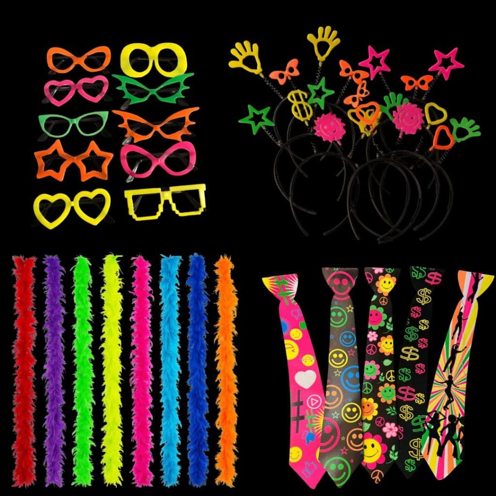 Kit 40 Peças 10 Marabus 10 Óculos 10 Tiaras 10 Gravatas Adereços Festa Neon Balada Festivo Coloridos