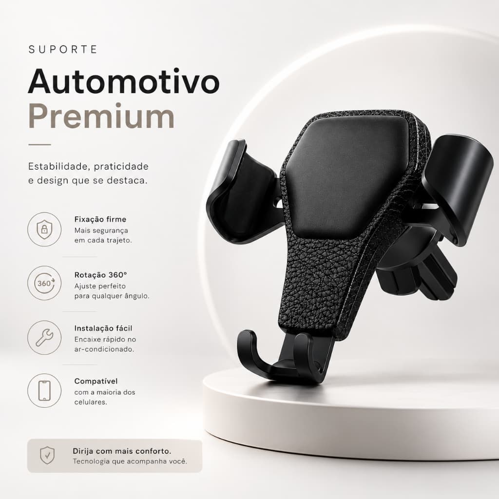 Suporte Celular Veicular 360°, Ajustável Portátil, Preto para Grade