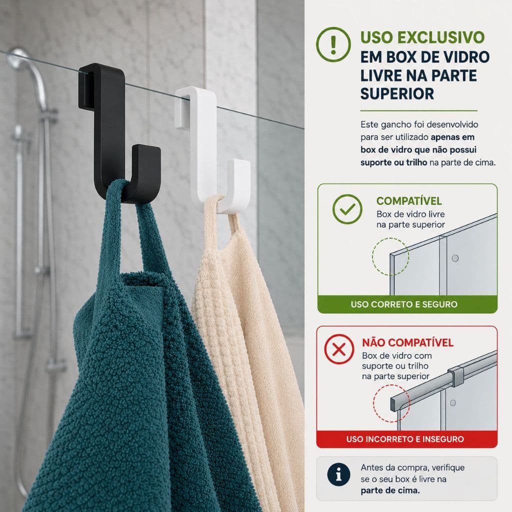 Gancho para Box Vidro 8mm Suporte de Toalha Sem Furo Banheiro Preto ou Branco