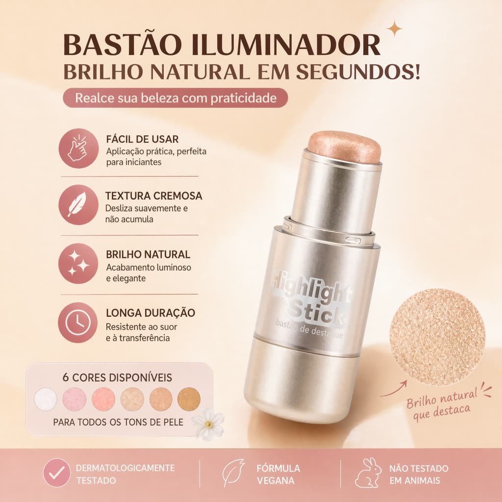 B.TWO.B Bastão Iluminador Vegano Textura Suave Fácil de Usar, Sem Acúmulo e Sem Transferência para Maquiagem Diária