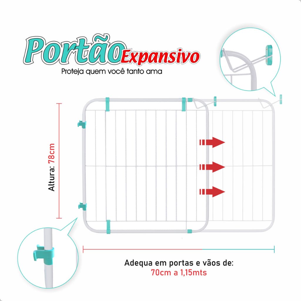 Portão Expansivo Pet util Proteção para Crianças e Pets com Abertura Bidirecional 70cm a 115cm Segurança