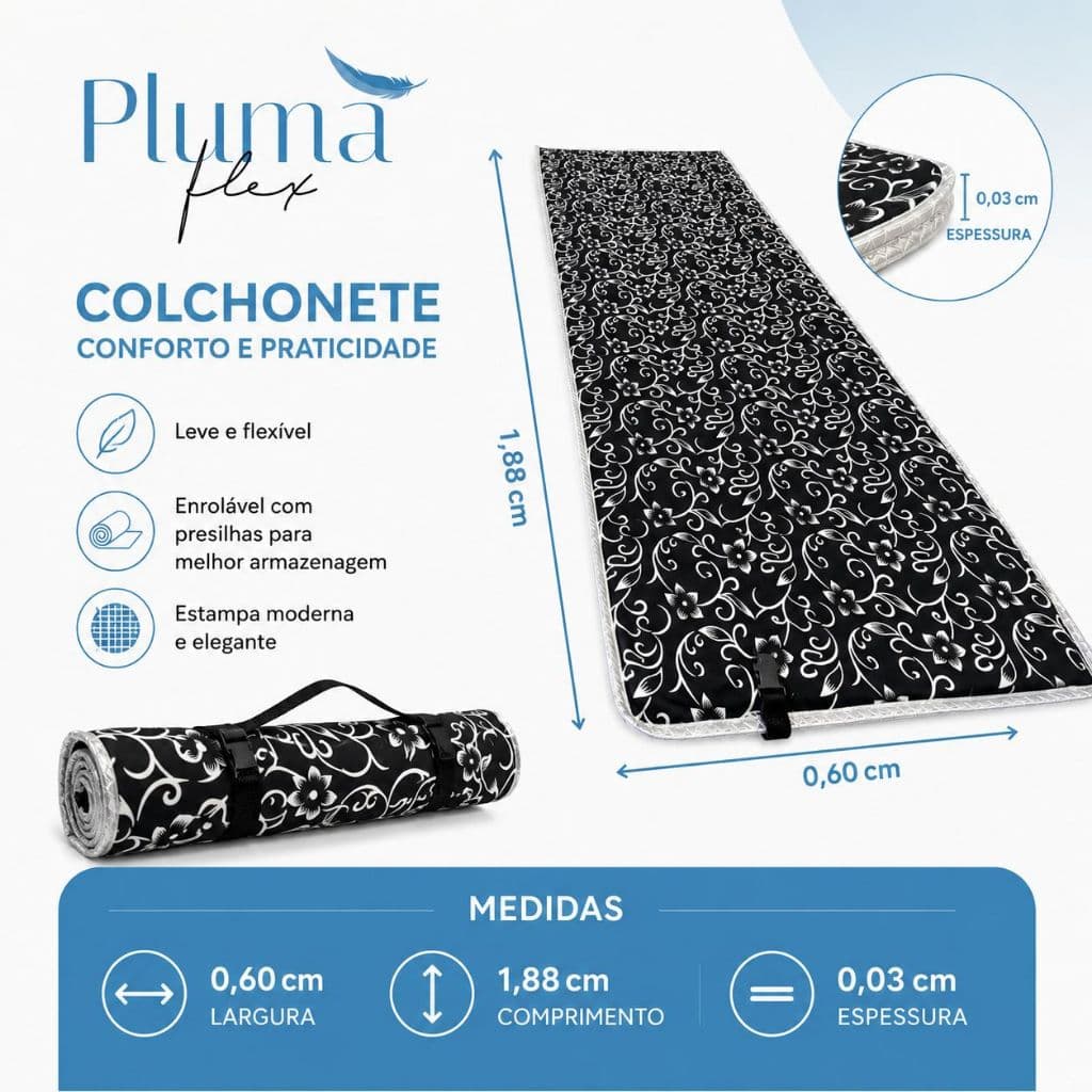 Colchão Colchonete Solteiro Enrolável 1,88 x 0,60 m com Presilhas | Camping pesca acampamento