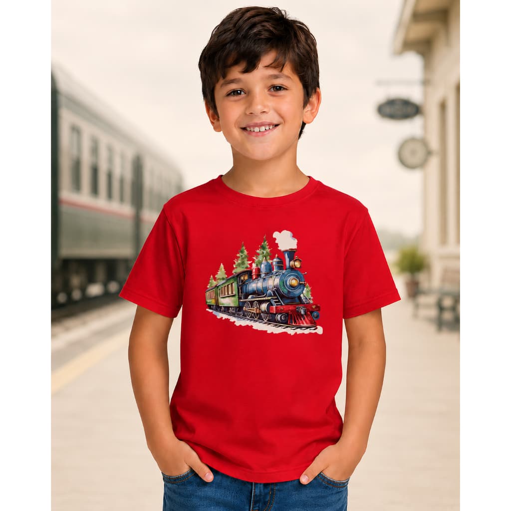 Camiseta Infantil Natal Locomotiva Tema Trem de Natal 100% Algodão