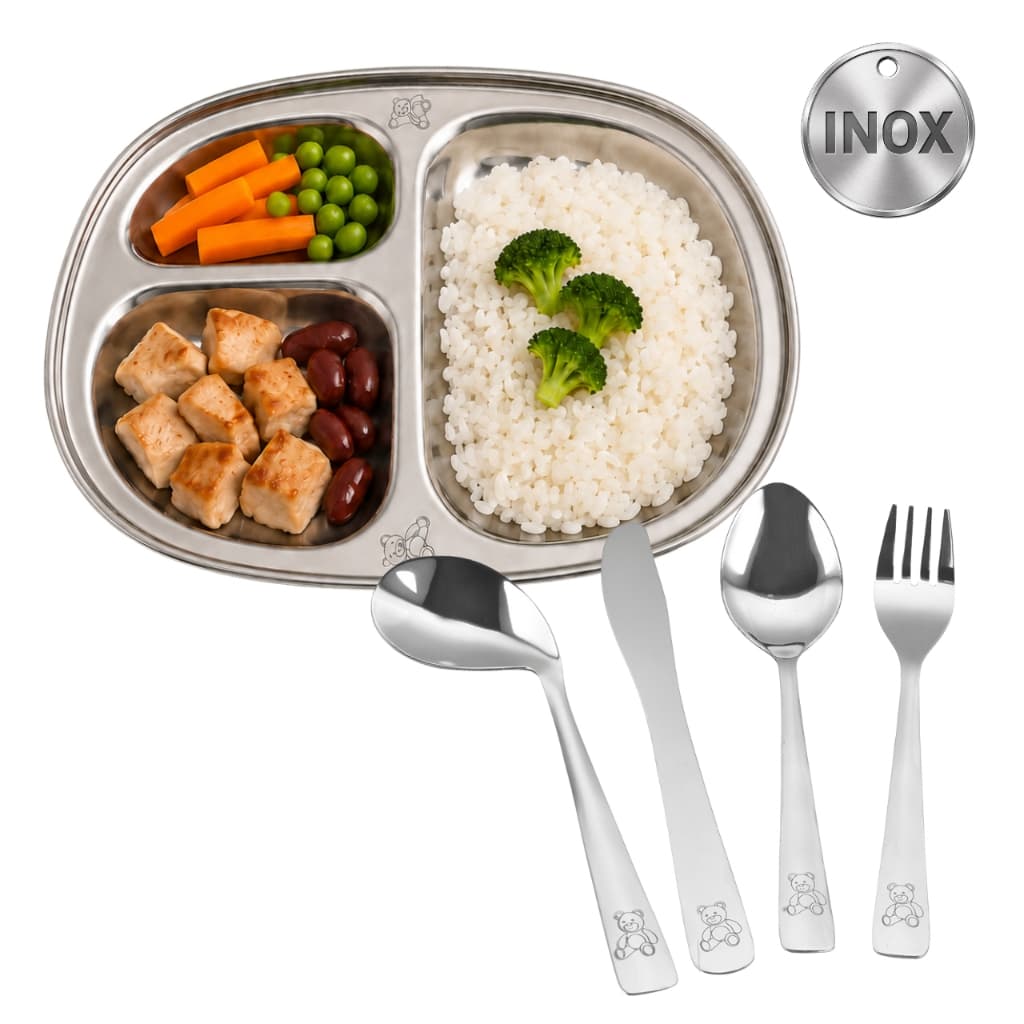 Kit Prato com Divisória de Inox e Kit Talheres Infantil
