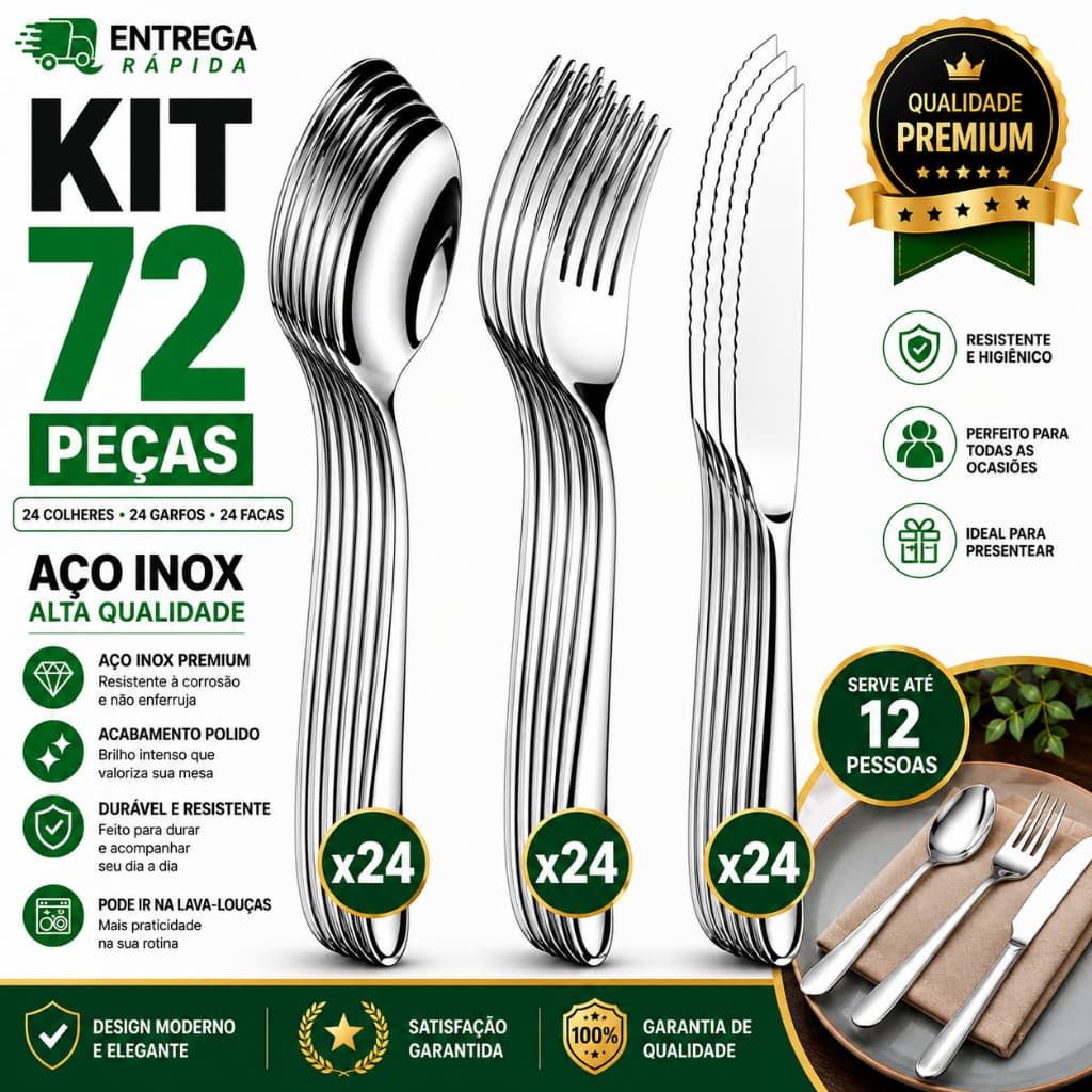 Faqueiro 72 Peças Aço Inox Completo 24 Colheres 24 Garfos 24 Facas Resistente Cozinha Restaurante Buffet