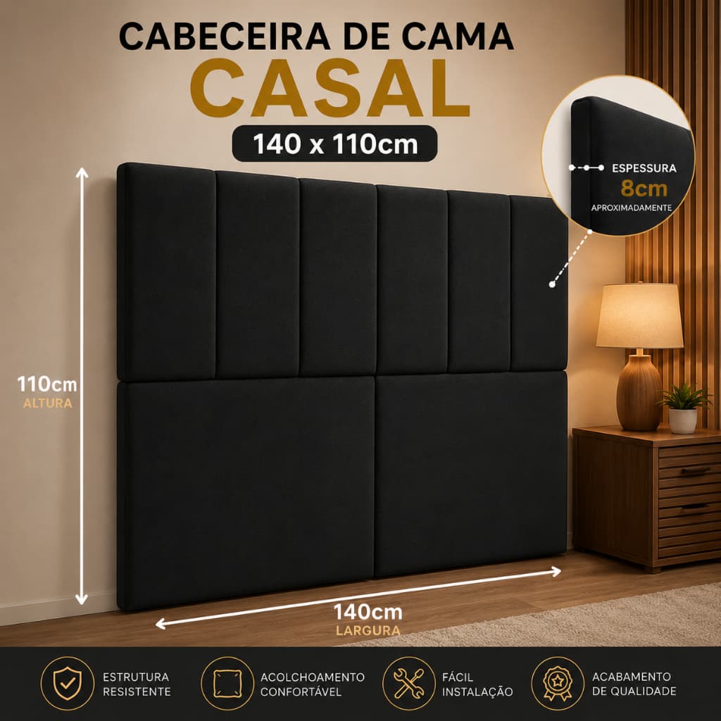 Cabeceira de Cama Casal 140 Cor Preto Modelo Lisa Luxo Estofada Elegante Moderna - LGM Móveis