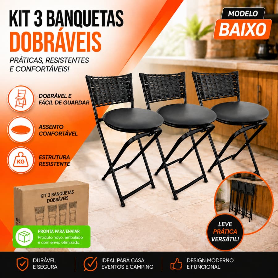 Jogo 3 Banquetas Baixas Dobrável com Encosto em Junco Confortável Elegante Banco Casa Cozinha Mesa