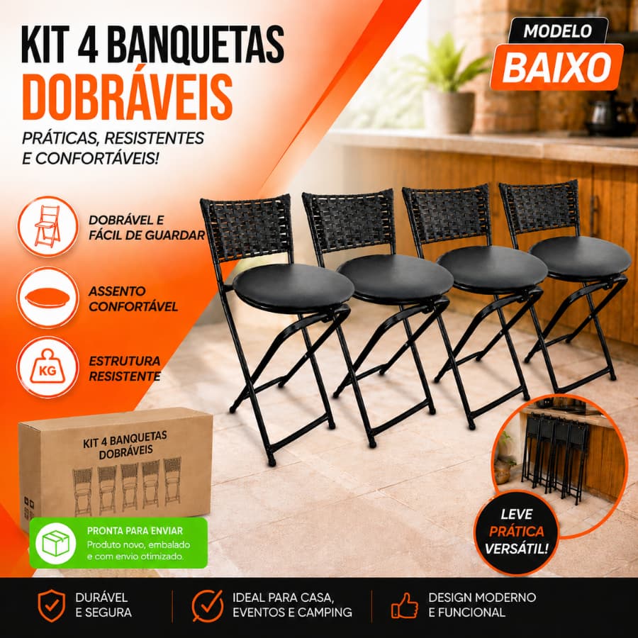 Kit 4 Banquetas Baixas Dobrável com Encosto de Junco Confortável Elegante Banco Casa Cozinha Mesa